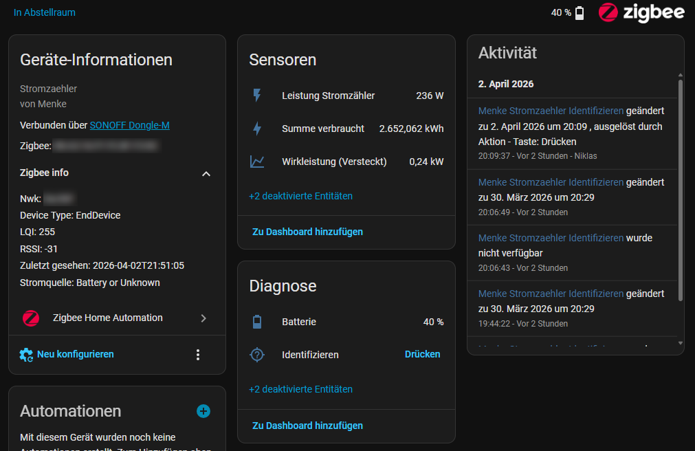 Geräteübersicht in Home Assistant mit allgemeinen Geräteinformationen, Sensoren und Diagnose